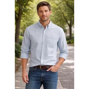 FLAWED 100% Cotton Plaid Light Blue Button Down Hawker Rye Dress Shirt Preppy